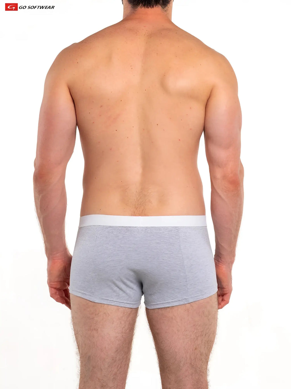 Gray heathered snap front boxer briefs with removable cod piece and solid white waistband for comfortable wear