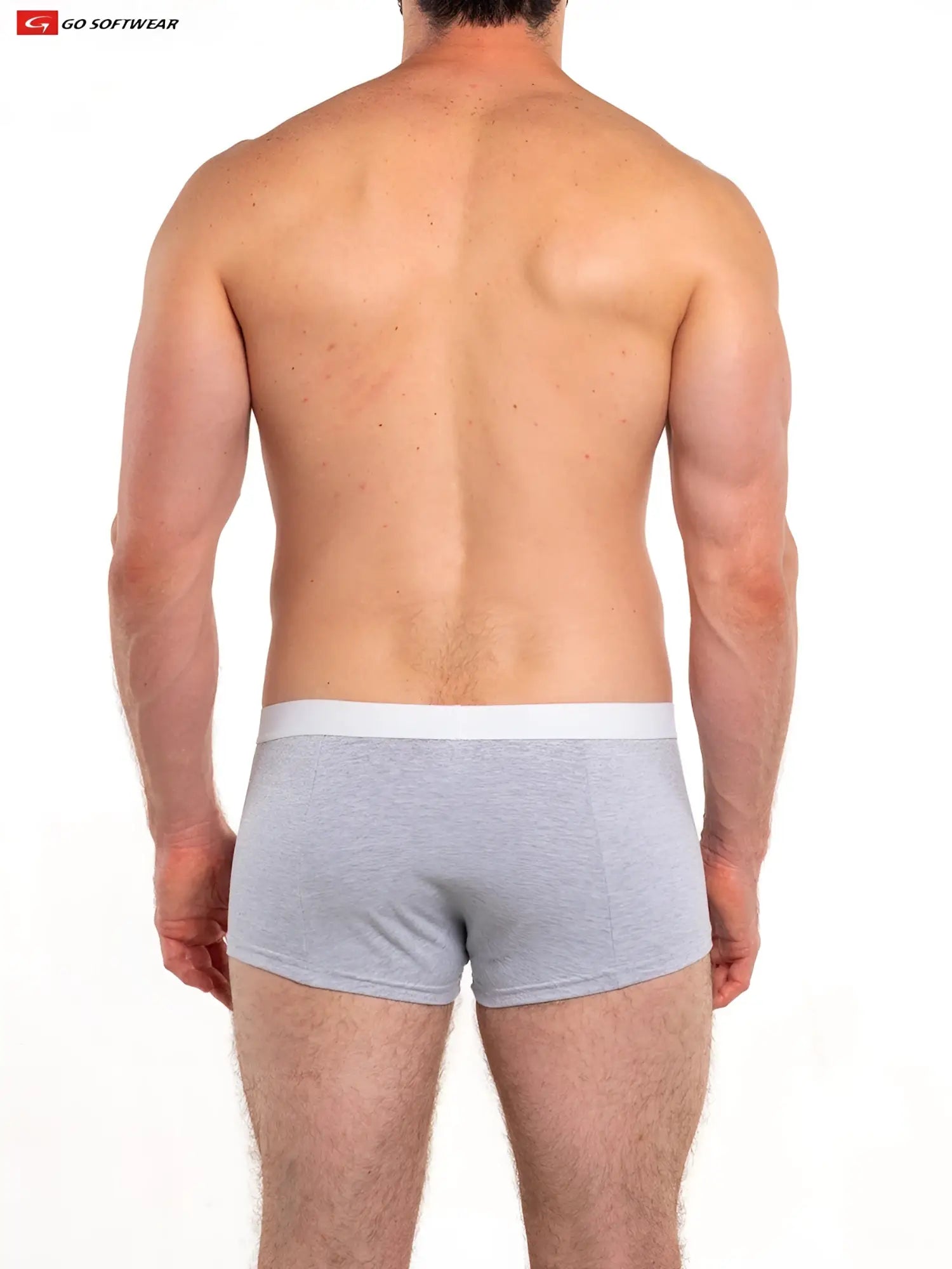 Gray heathered snap front boxer briefs with removable cod piece and solid white waistband for comfortable wear
