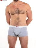 Gray heathered snap front boxer briefs with white waistband and button closures featuring removable cod piece