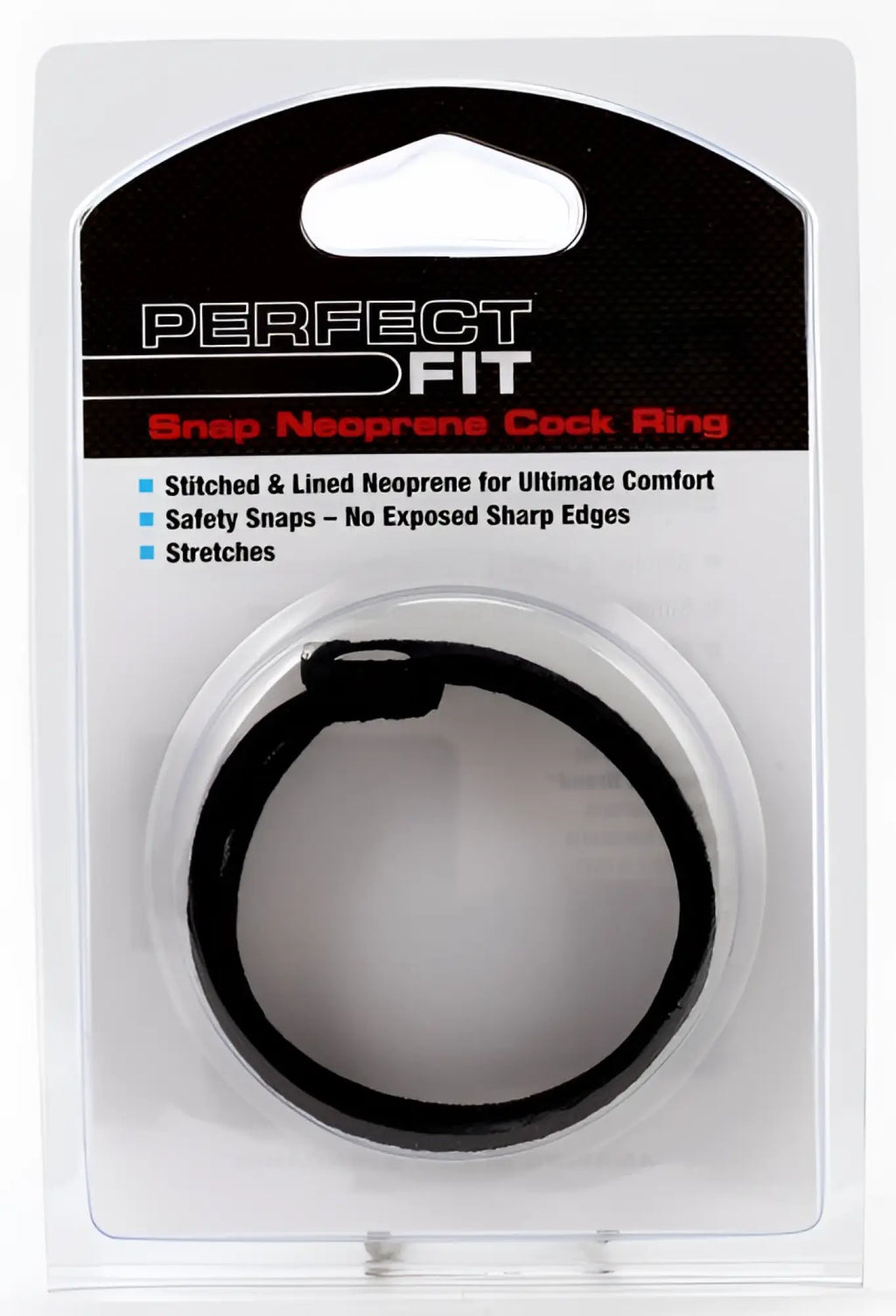 Black snap neoprene cock ring in clear plastic packaging with perfect fit branding for comfortable wear