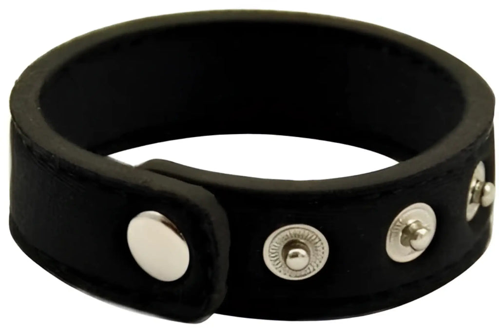 Black leather snap neoprene ring bracelet with silver-toned snap buttons for stylish secure wear