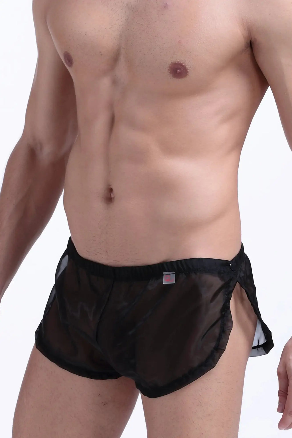 Black sheer mesh snap shorts petitq with solid black waistband and side slits for breathable comfort