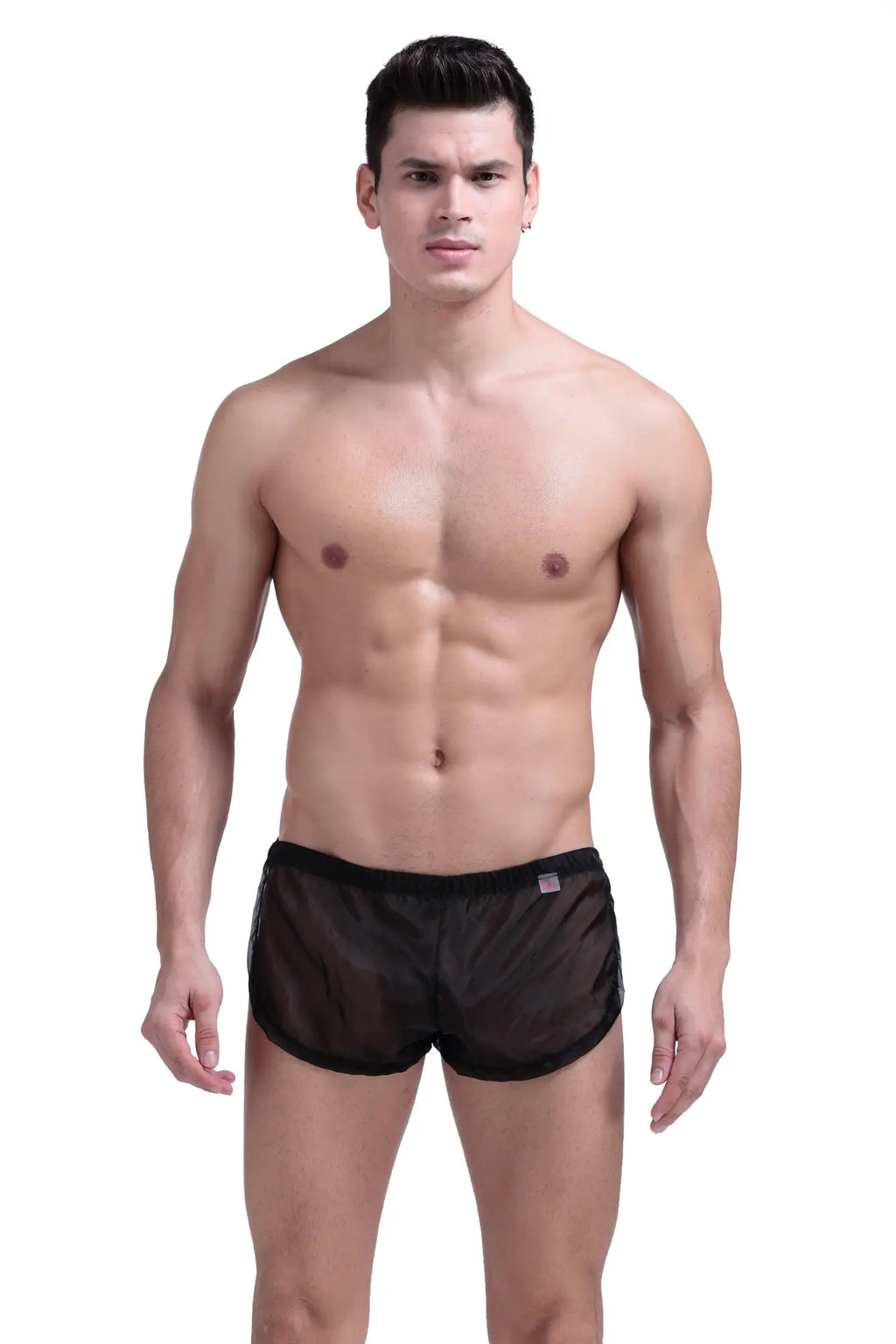 Black sheer mesh swim trunks with solid black waistband snap shorts petitq black front view