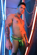 Neon green and black striped snax jock briefs featuring bold white text across the waistband for edgy style