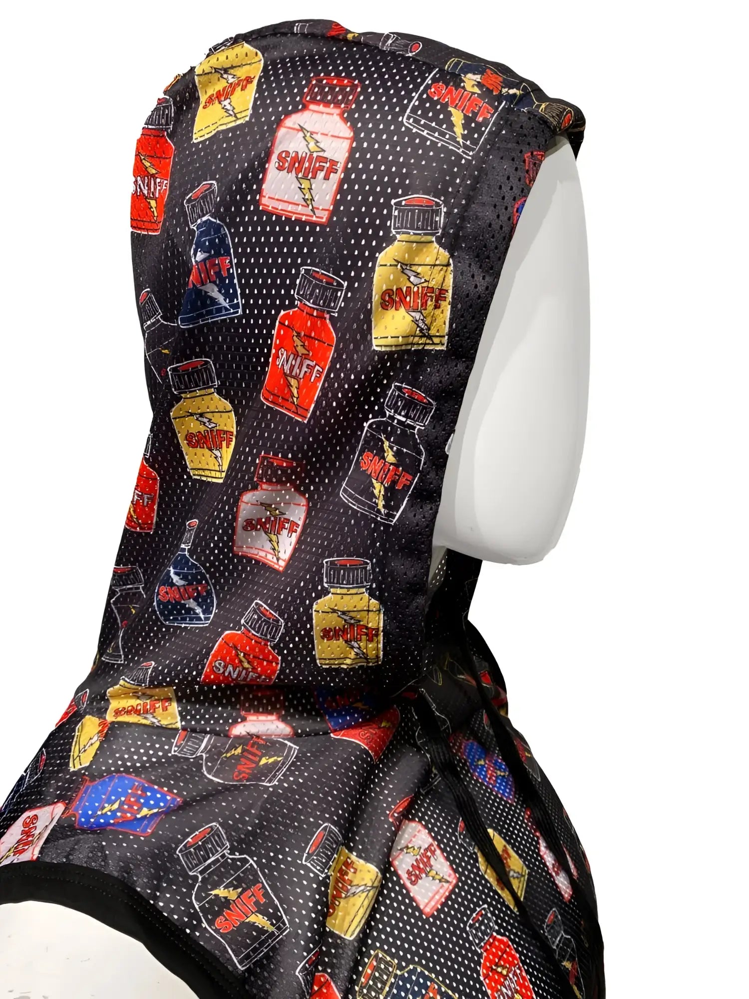 Black mesh hooded tank top with colorful red yellow and blue sniff bottle pattern for sport and casual wear