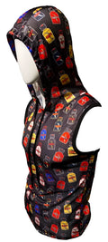 Black mesh hooded tank vest with vibrant colorful liquor bottle label pattern in red yellow blue and purple from Sniff Sport