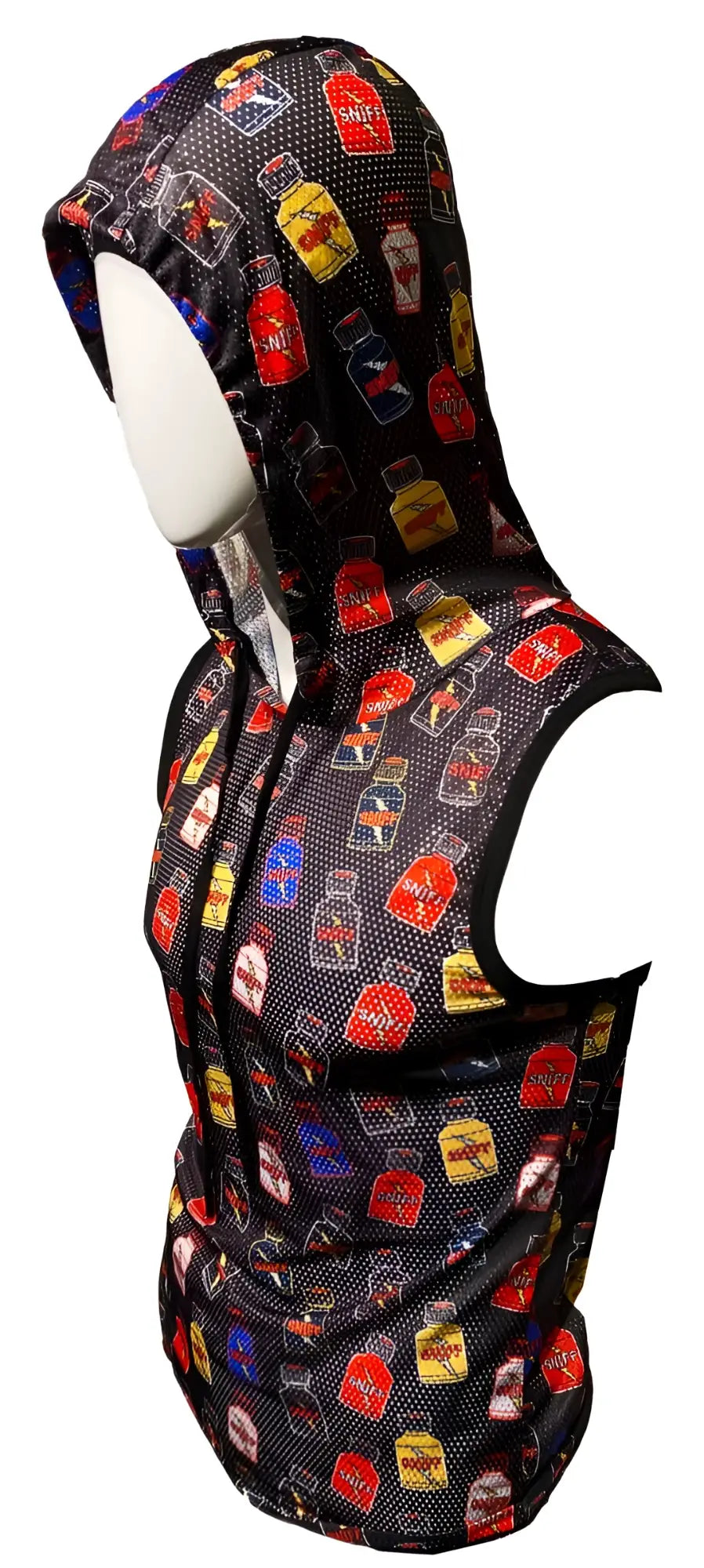 Black mesh hooded tank vest with vibrant colorful liquor bottle label pattern in red yellow blue and purple from Sniff Sport