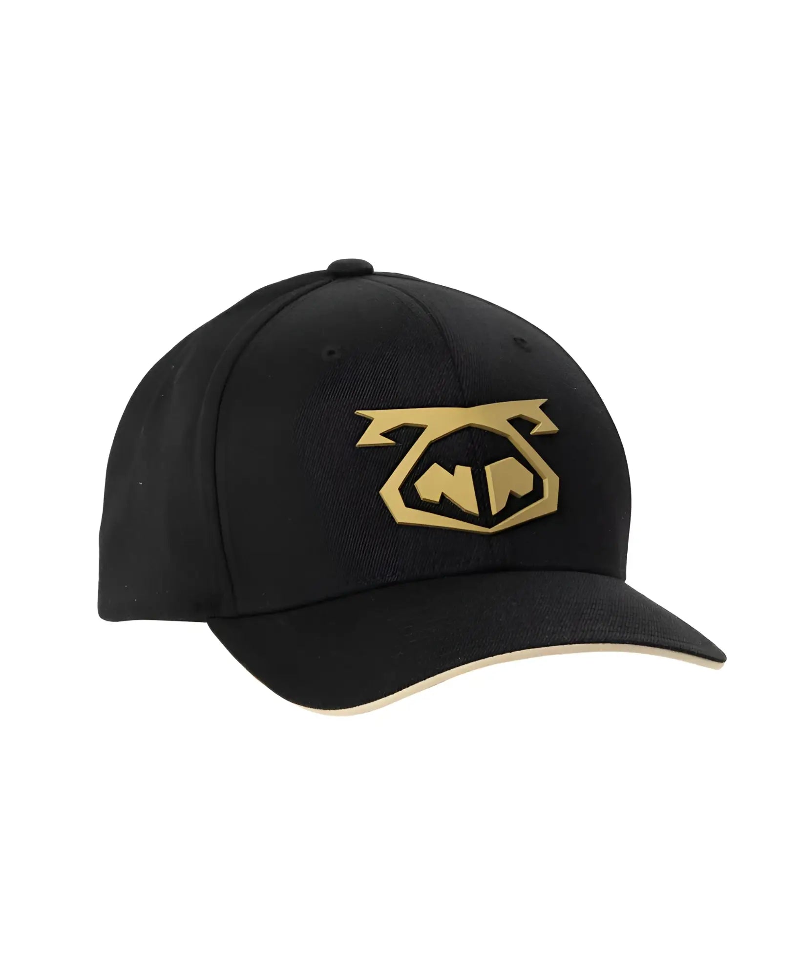 Black snout 2-tone cap with gold embroidered logo on front made from breathable fabric for casual wear