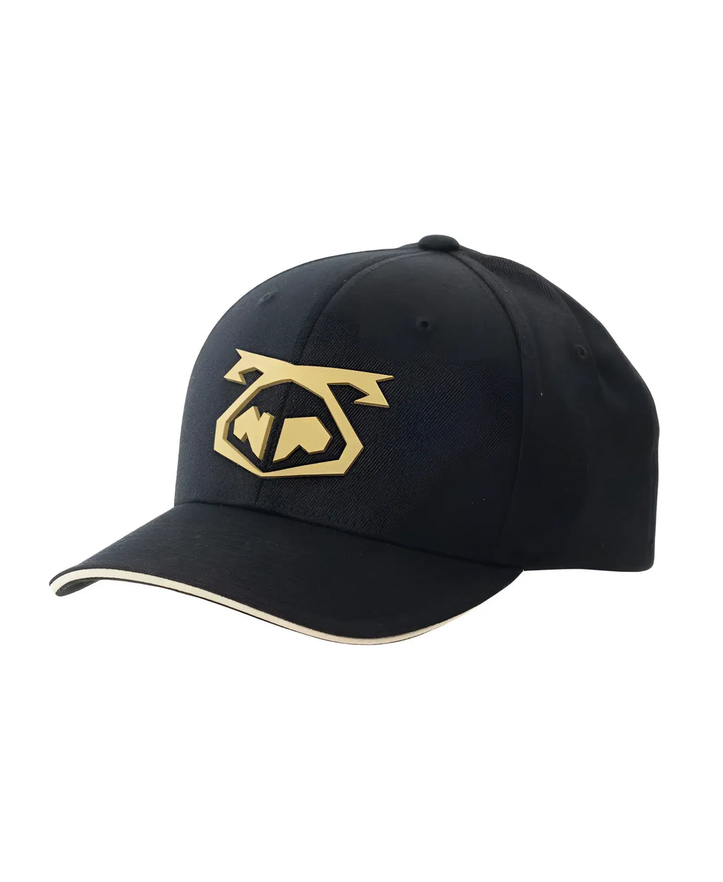 Black snout 2-tone cap with gold embroidered logo and white trim along the brim, perfect for casual wear