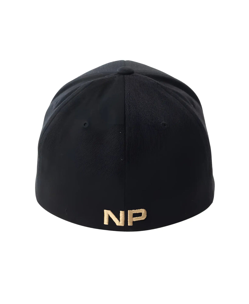 Black fitted snout 2-tone baseball cap showing back with gold embroidered np logo on a cotton fabric