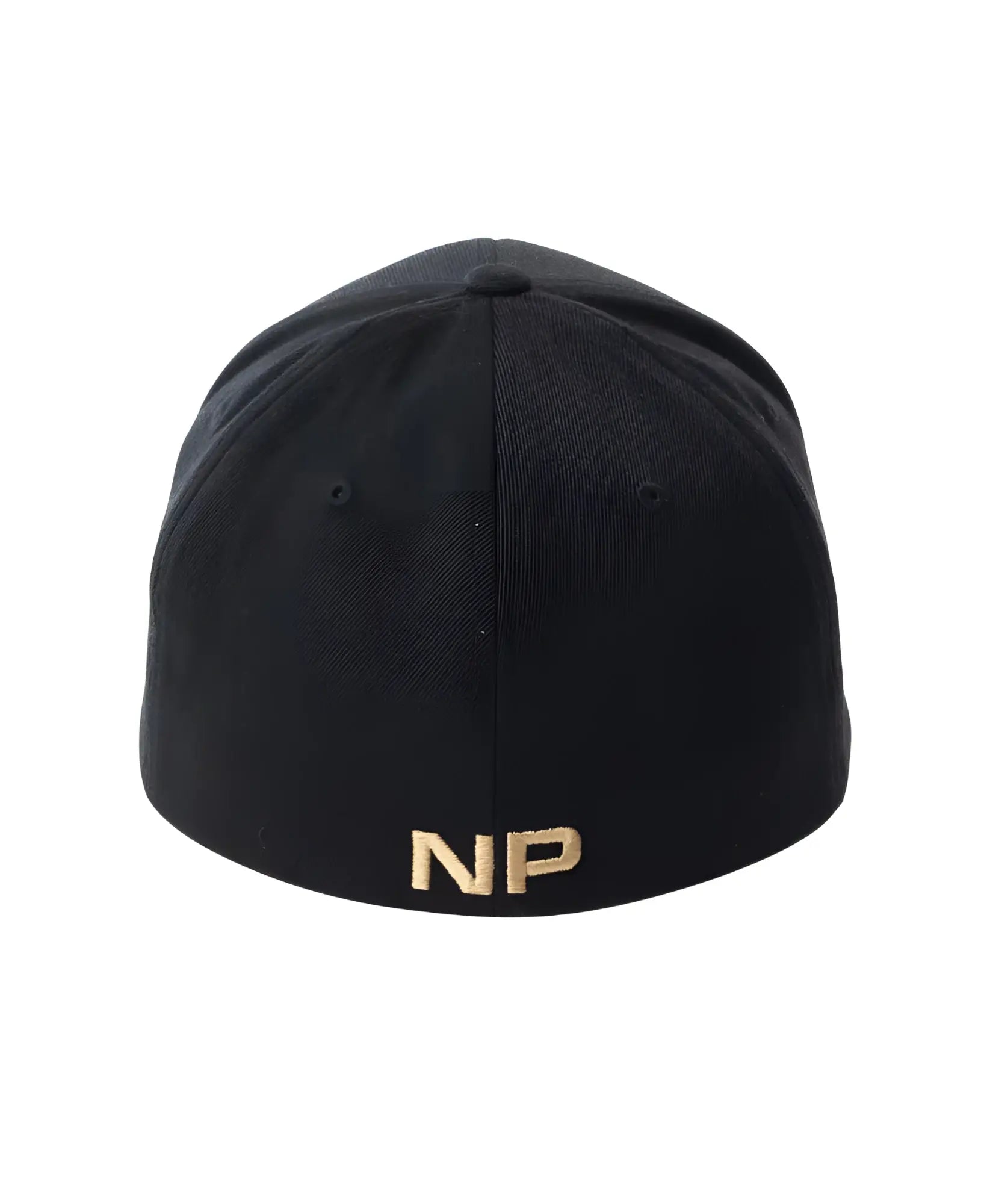 Black fitted snout 2-tone baseball cap showing back with gold embroidered np logo on a cotton fabric