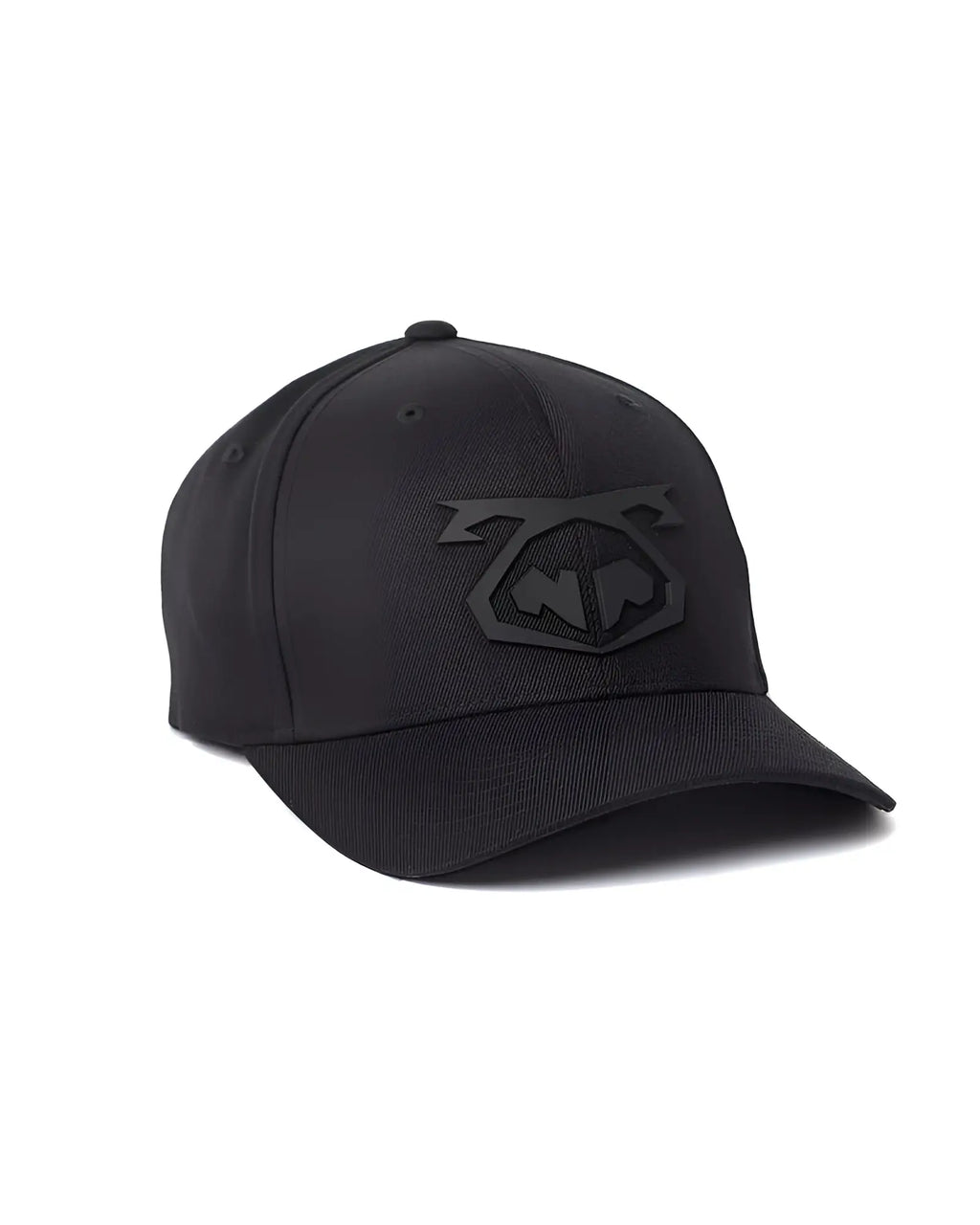 Black snout cap baseball hat with subtle embossed logo on the front for casual wear