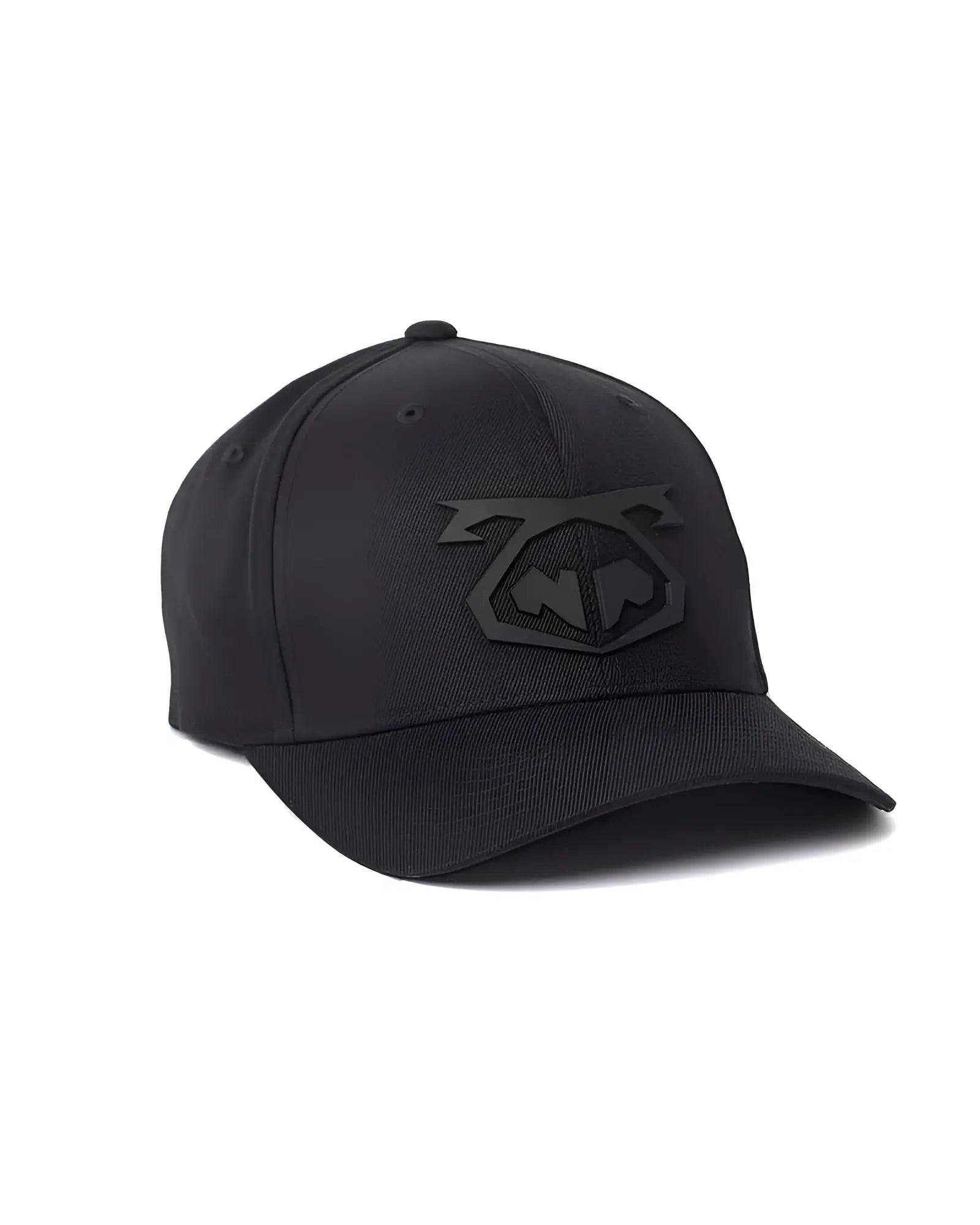 Black snout cap baseball hat with subtle embossed logo on the front for casual wear