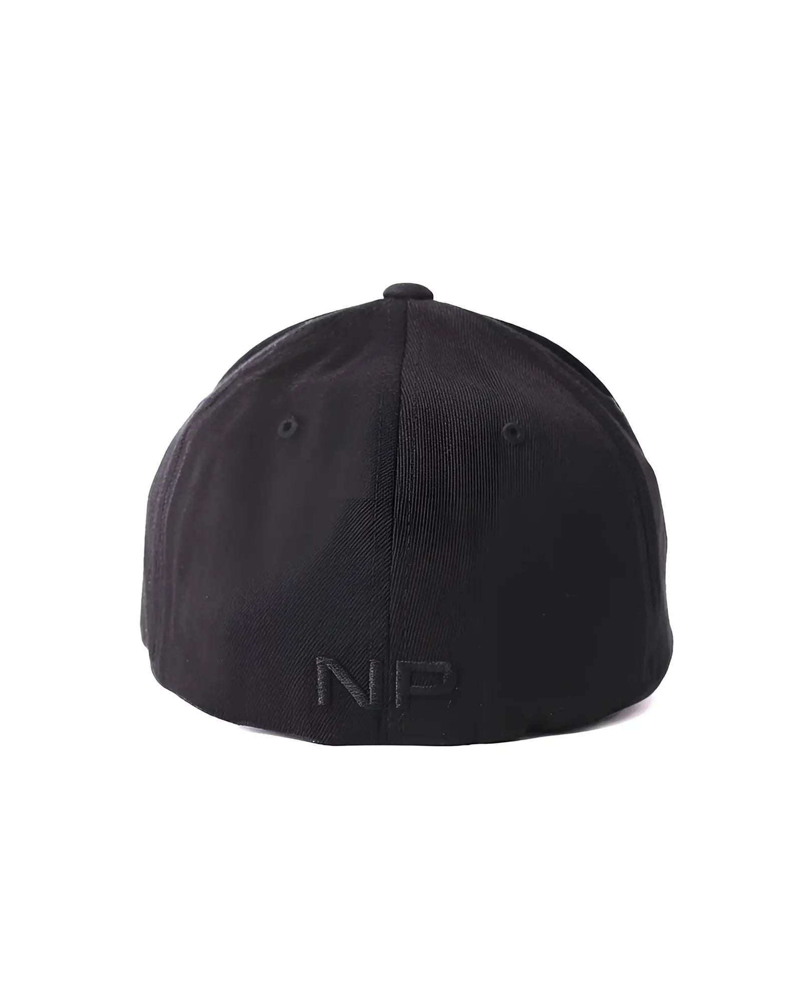 Black np-branded snout cap showing back side with structured six-panel design and embroidered logo