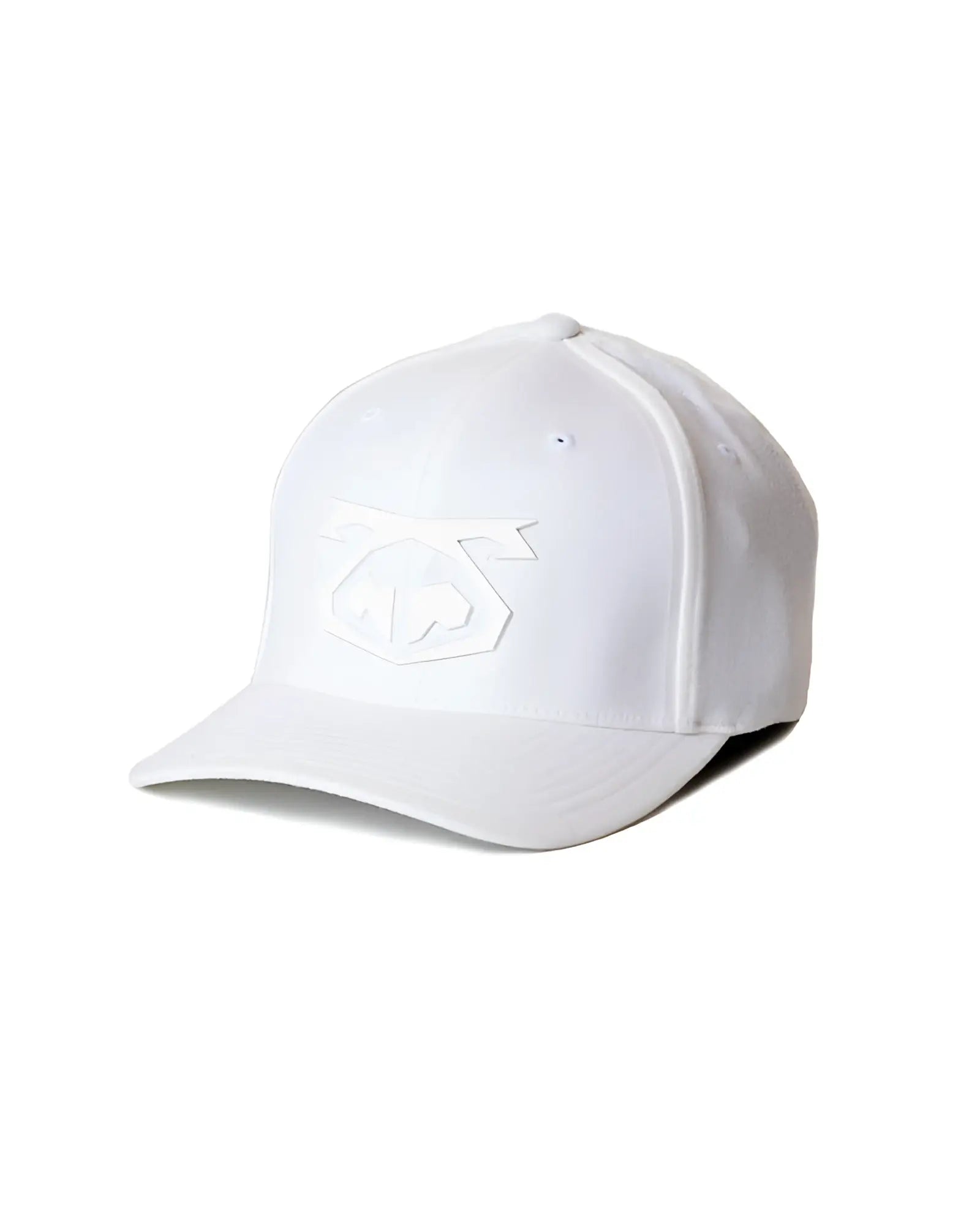 White snout cap baseball hat with subtle embossed logo on the front made from soft breathable fabric