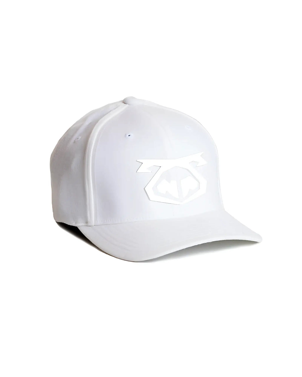 White snout cap baseball hat with subtle matching embroidered logo on the front made of breathable fabric