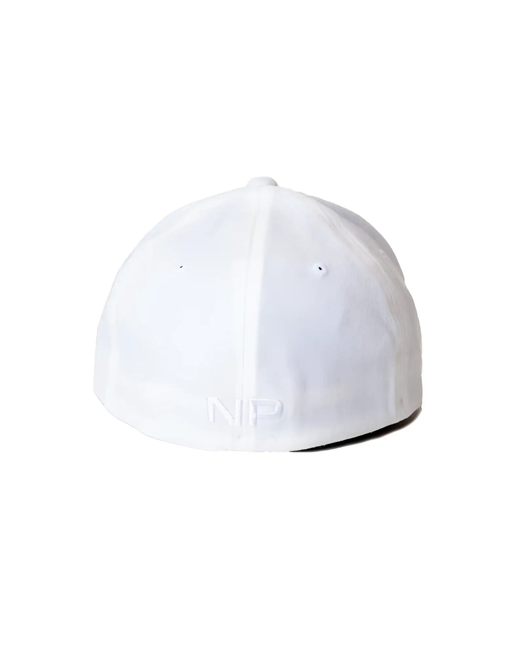Back of a white snout cap baseball cap with subtle embroidered np logo on the fabric cotton material