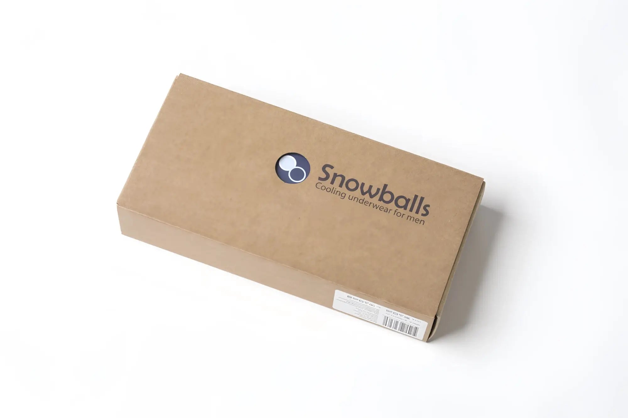 Brown cardboard box containing snowballs cooling underwear for men designed for comfort and temperature regulation