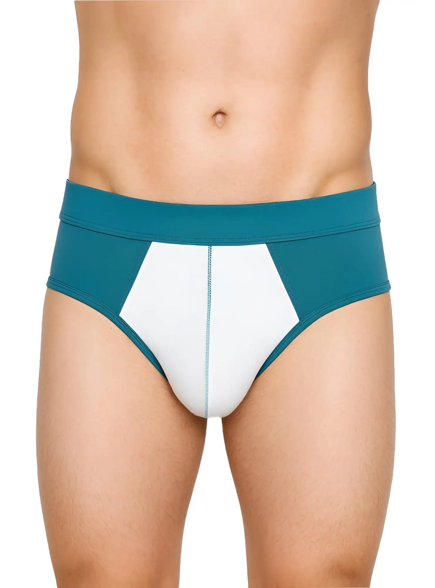 Teal and white soft stretch contrast brief with geometric panel design in athletic briefs for active wear