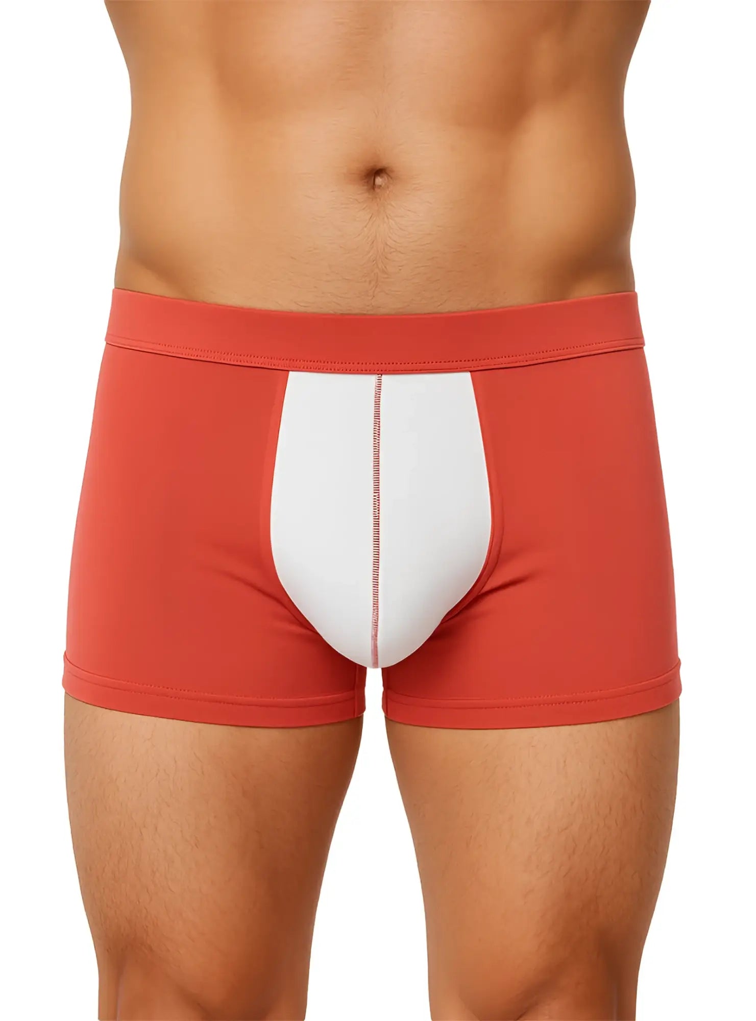 Soft stretch contrast trunk boxer briefs in red and white with a central white panel and subtle stitching detail