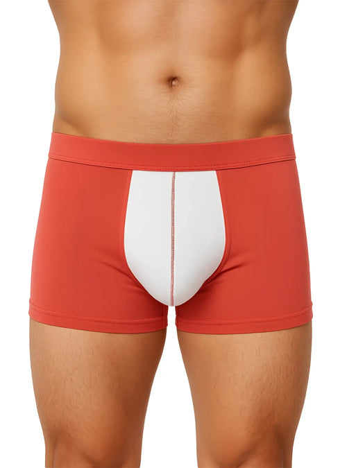 Soft stretch contrast trunk boxer briefs in red and white with a central white panel and subtle stitching detail