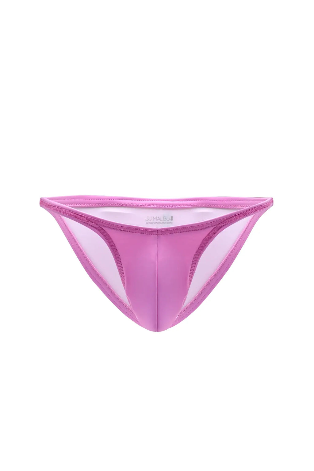 Pink soft vegan leather scrunch-butt briefs with sheer mesh design and reinforced elastic waistband back view