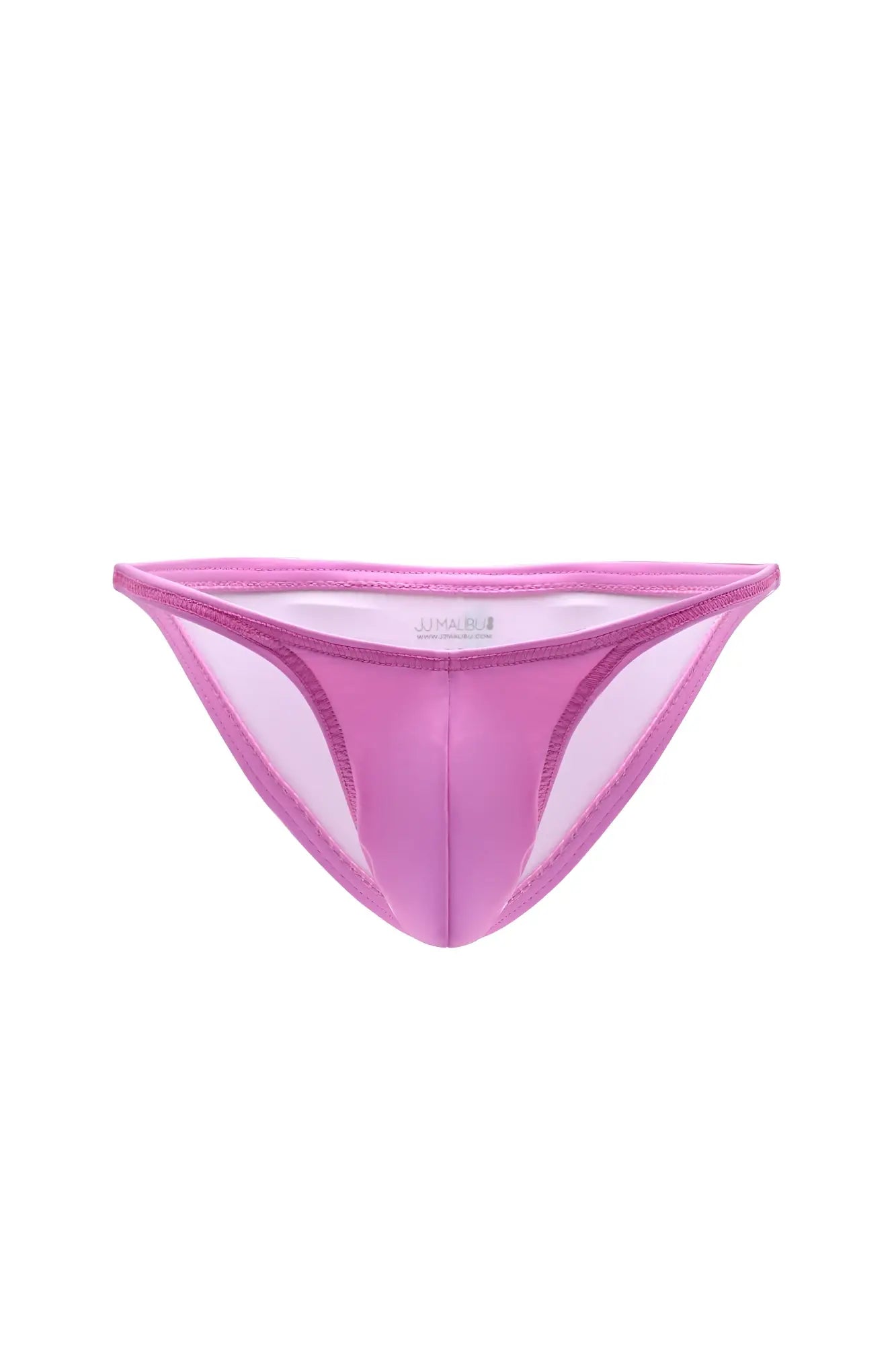 Pink soft vegan leather scrunch-butt briefs with sheer mesh design and reinforced elastic waistband back view