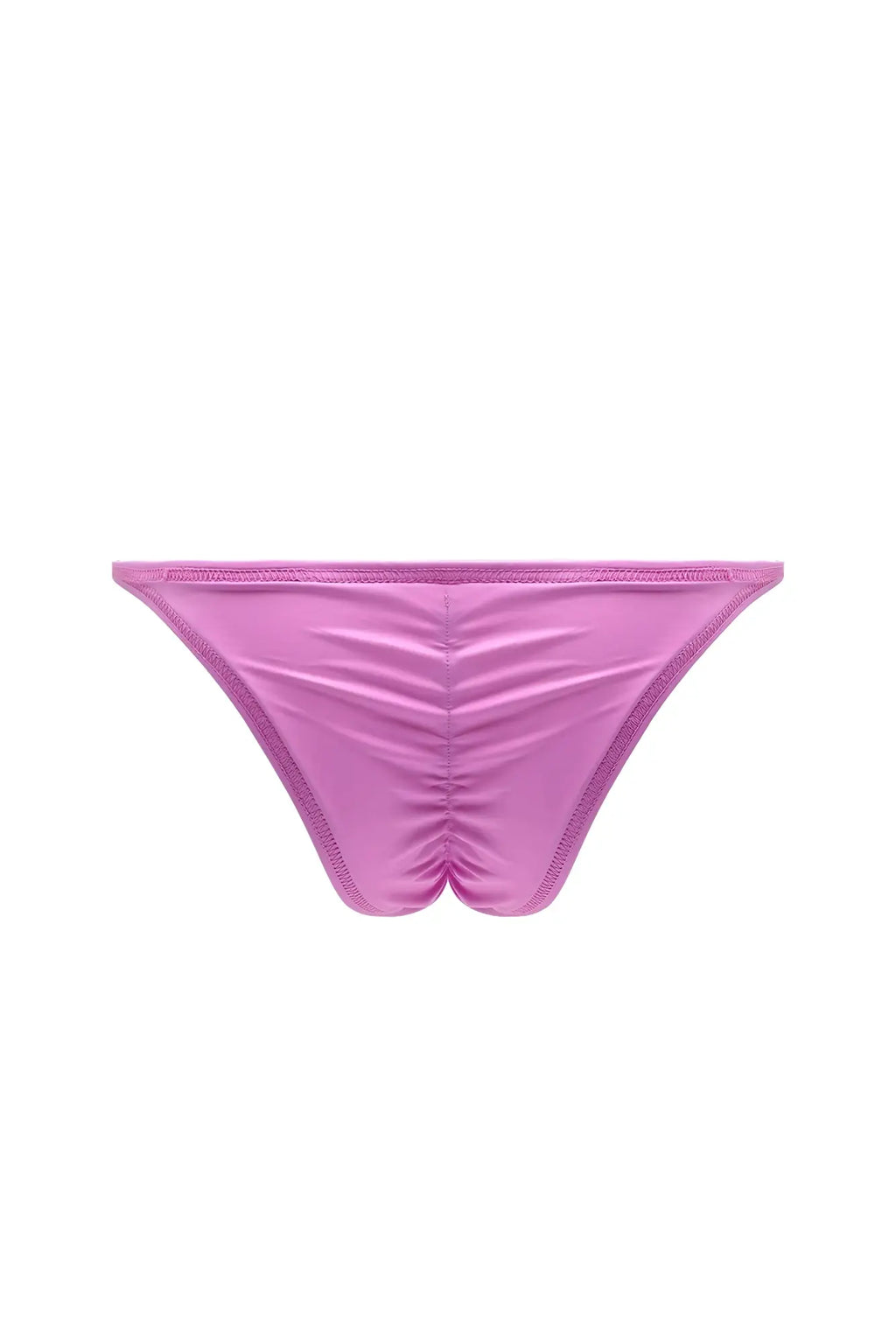 Pink satin thong with ruched center and mesh trim made from soft vegan leather scrunch-butt briefs back side view