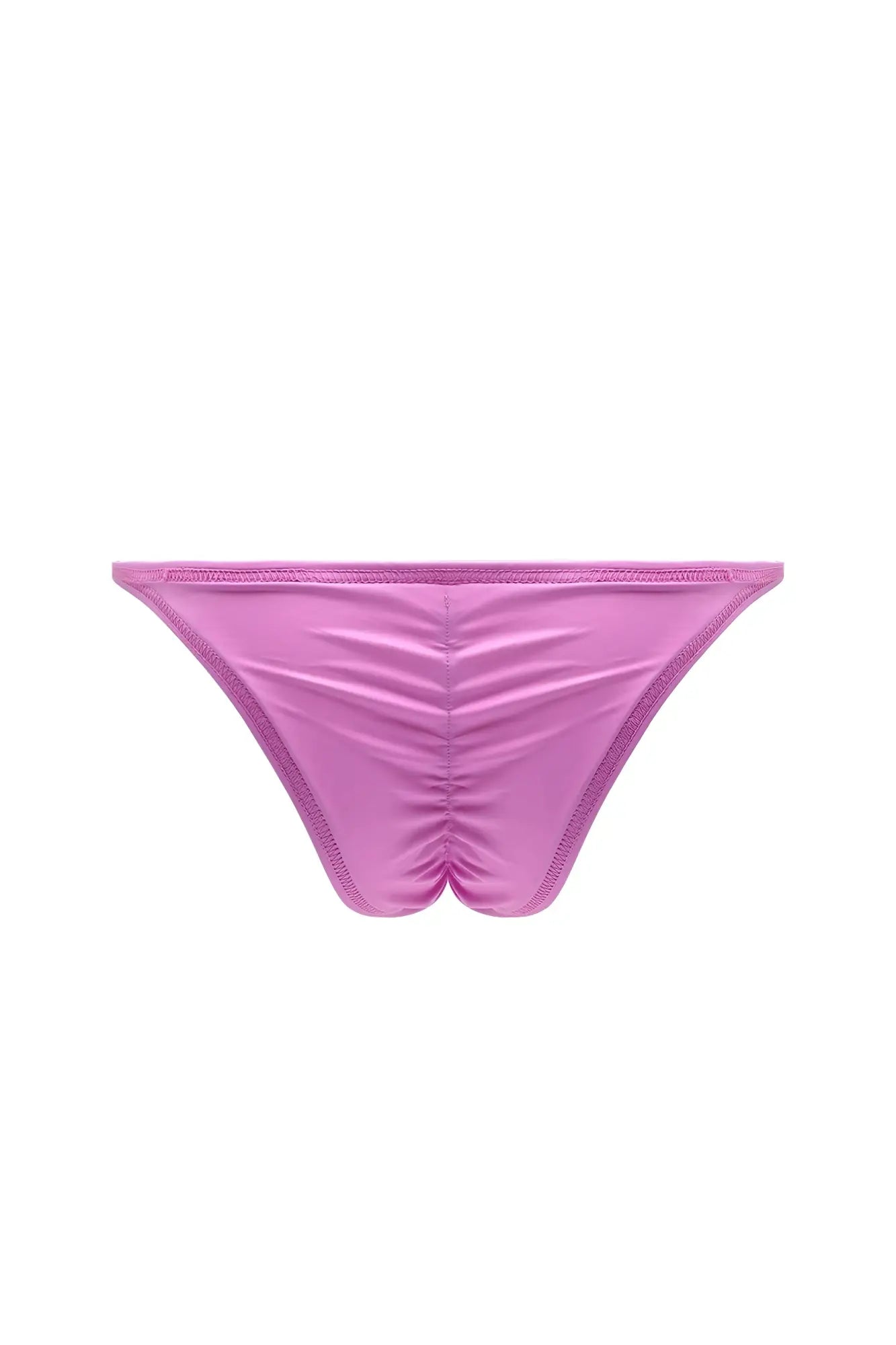 Pink satin thong with ruched center and mesh trim made from soft vegan leather scrunch-butt briefs back side view