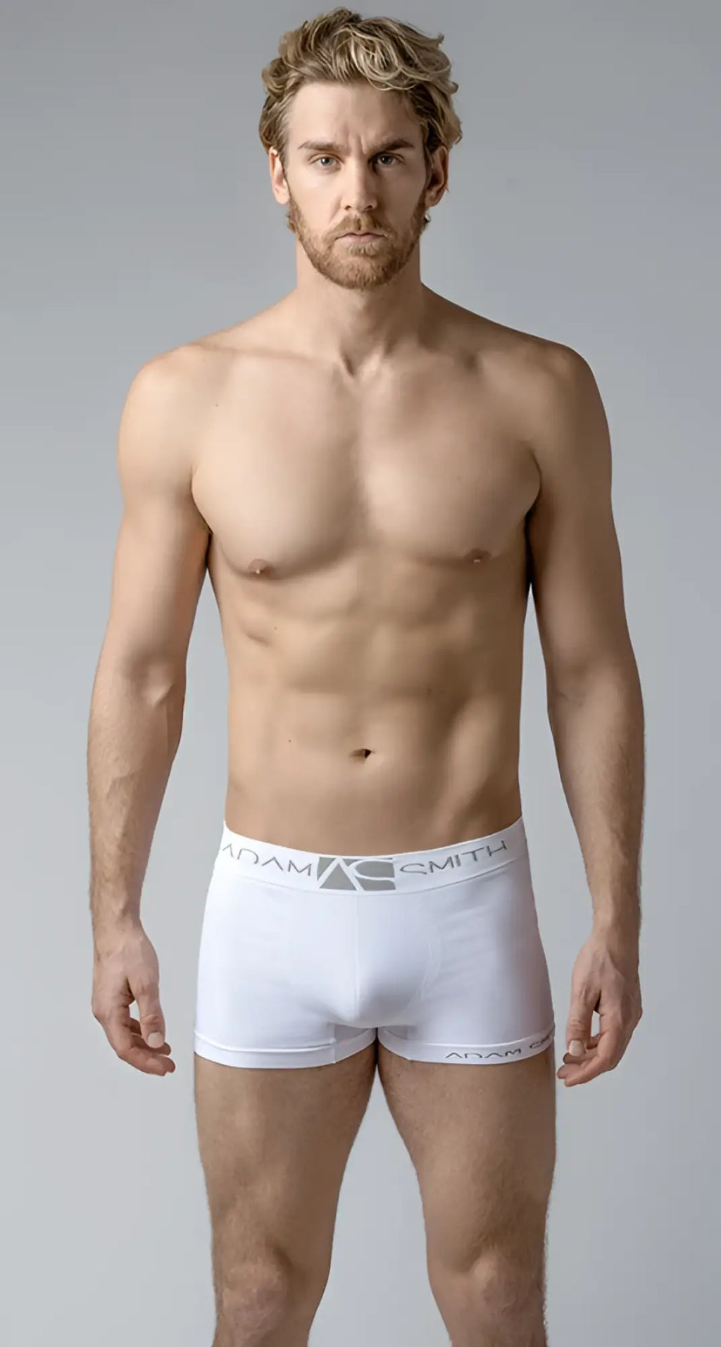 White men’s boxer briefs softest short trunks with gray elastic waistband featuring adam smith logo