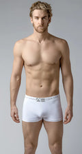White men’s boxer briefs softest short trunks with gray elastic waistband featuring adam smith logo