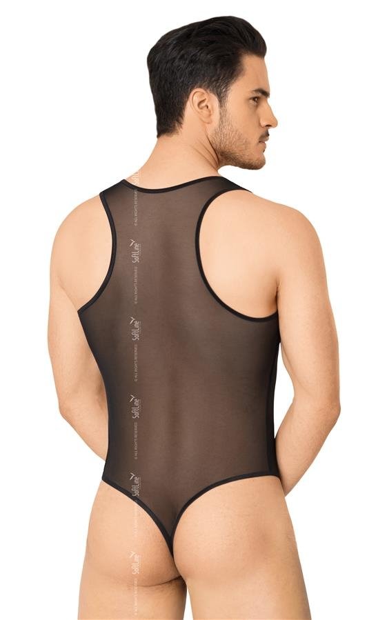 Softline Bodysuit aus Netzstoff und transparentem Tanga mit tiefem V-Ausschnitt, Schwarz, 4609, Größe M/L