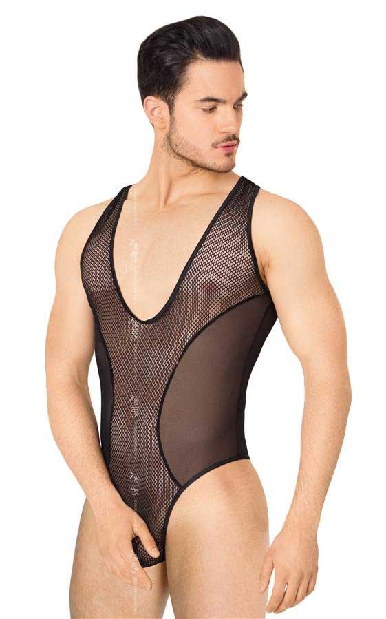 Softline Bodysuit aus Netzstoff und transparentem Tanga mit tiefem V-Ausschnitt, Schwarz, 4609, Größe M/L