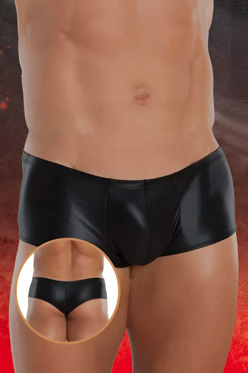Softline cheeky back boxer brief underwear black shiny faux leather with a smooth glossy finish size l showing back side