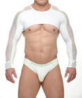 White solar l s crop top with mesh panels and neon green trim paired with matching briefs in front view