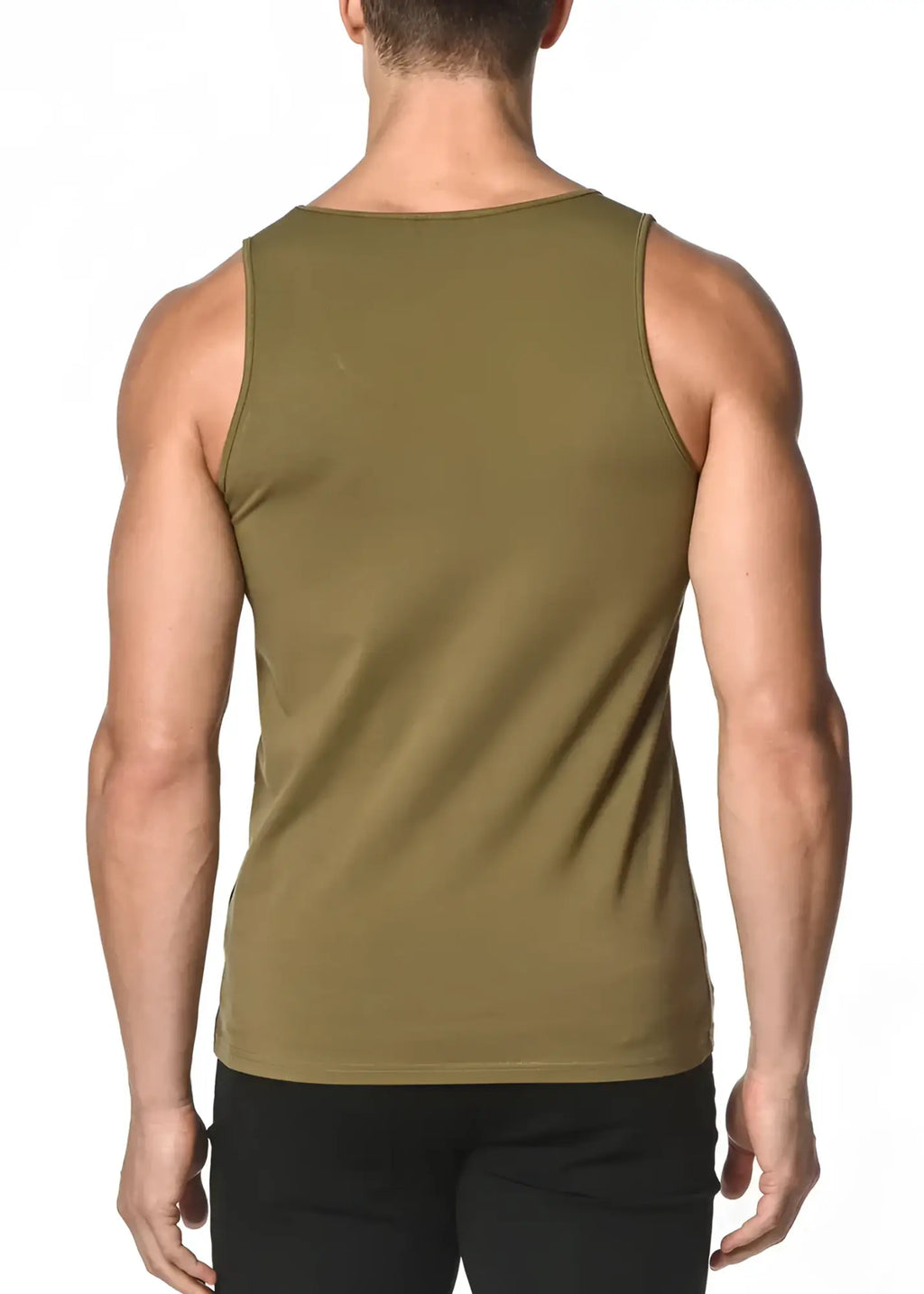 Olive green solid stretch jersey sleeveless tank top with a simple fitted design for casual wear