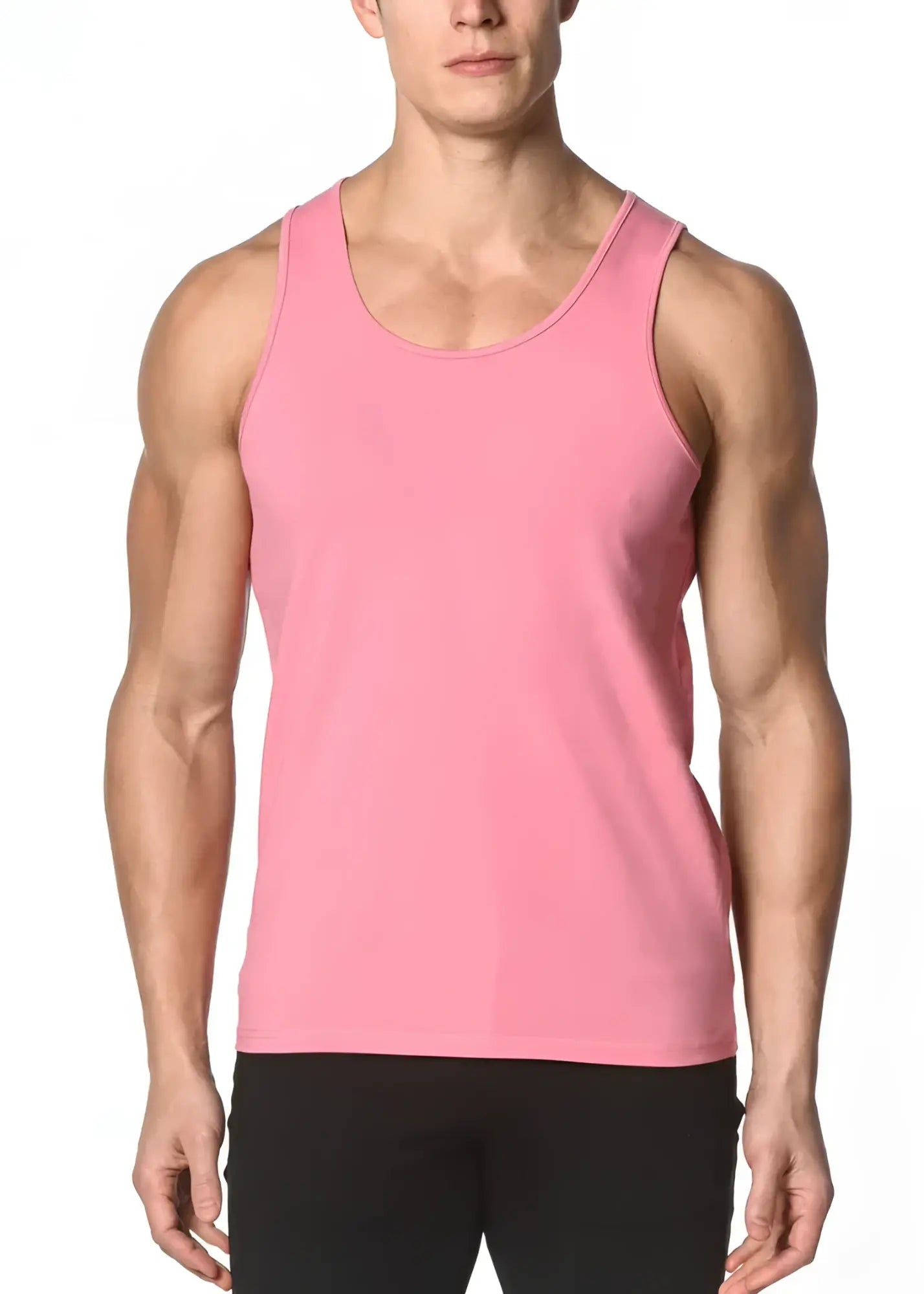 Solid stretch jersey tank sleeveless athletic tank top in solid pink with rounded neckline and clean seams