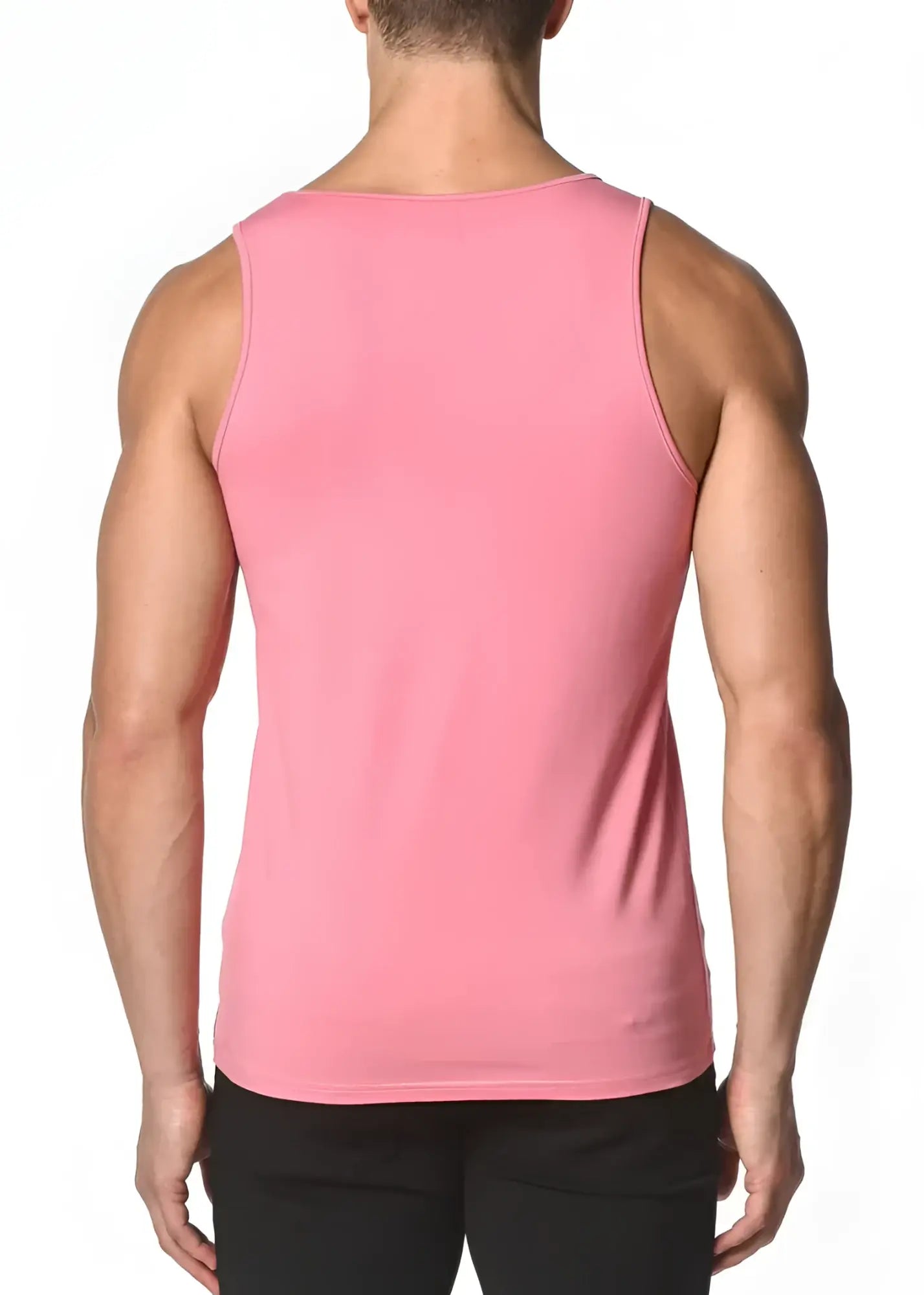 A sleek solid stretch jersey tank top in pink with a smooth fabric finish and sleeveless design