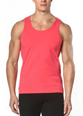 A vibrant coral-colored sleeveless athletic tank top made of smooth stretchy fabric solid stretch jersey tank