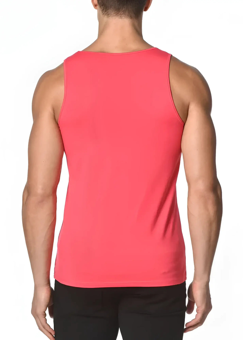 A vibrant coral-colored sleeveless solid stretch jersey tank made of smooth stretchy fabric for casual wear