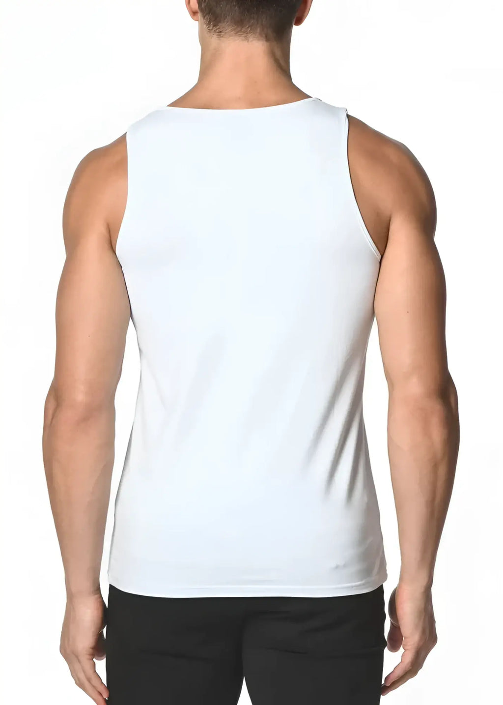 White sleeveless solid stretch jersey tank top with a simple clean design for comfortable casual wear