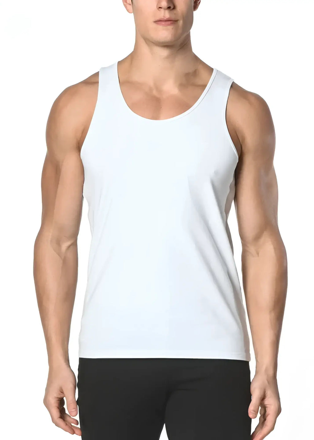White solid stretch jersey tank top with a fitted sleeveless design for comfortable everyday wear
