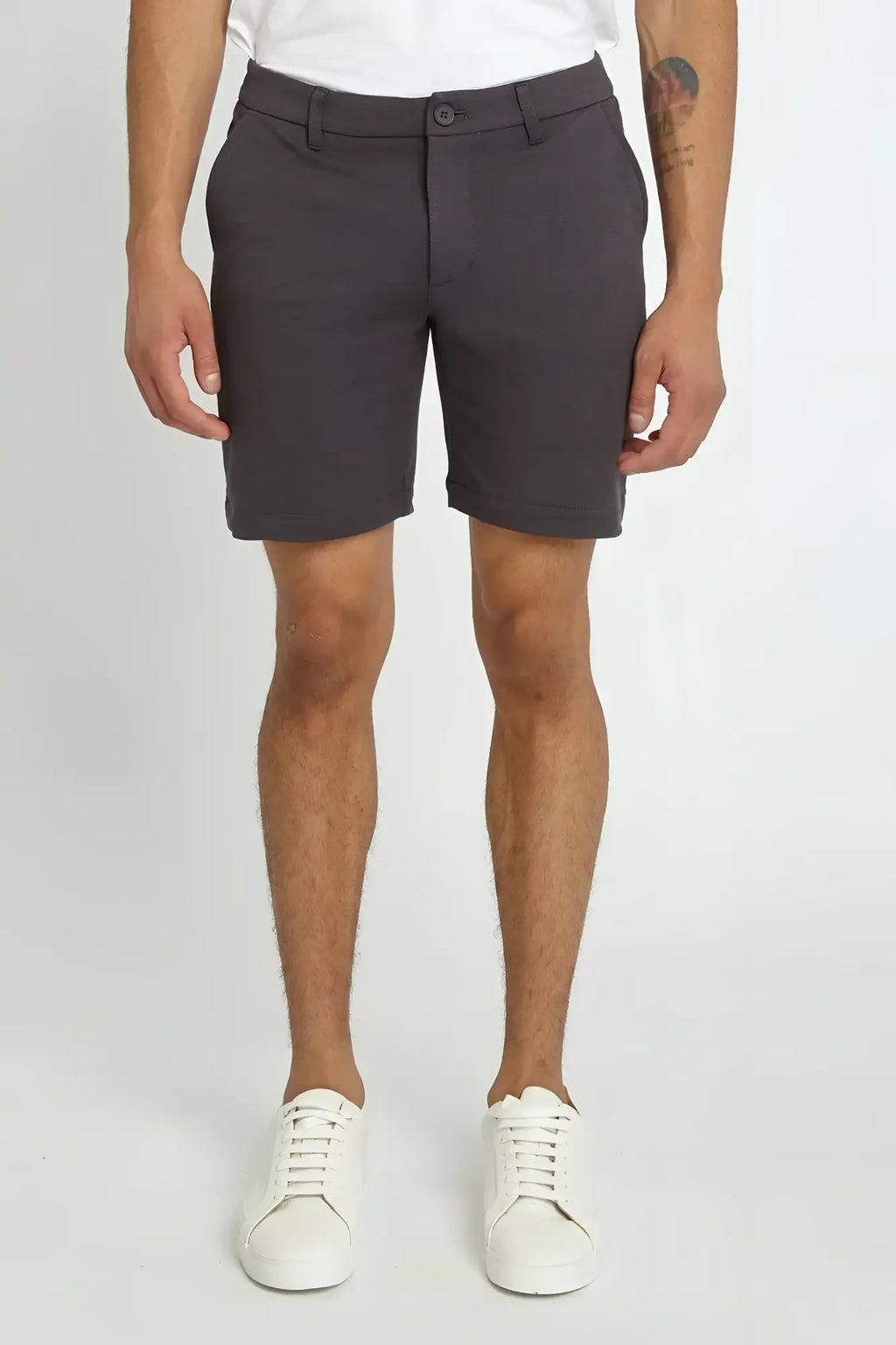 Dark gray solid stretch knit chino shorts with classic fit and button closure for casual wear