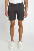 Dark gray solid stretch knit chino shorts with classic fit and button closure for casual wear
