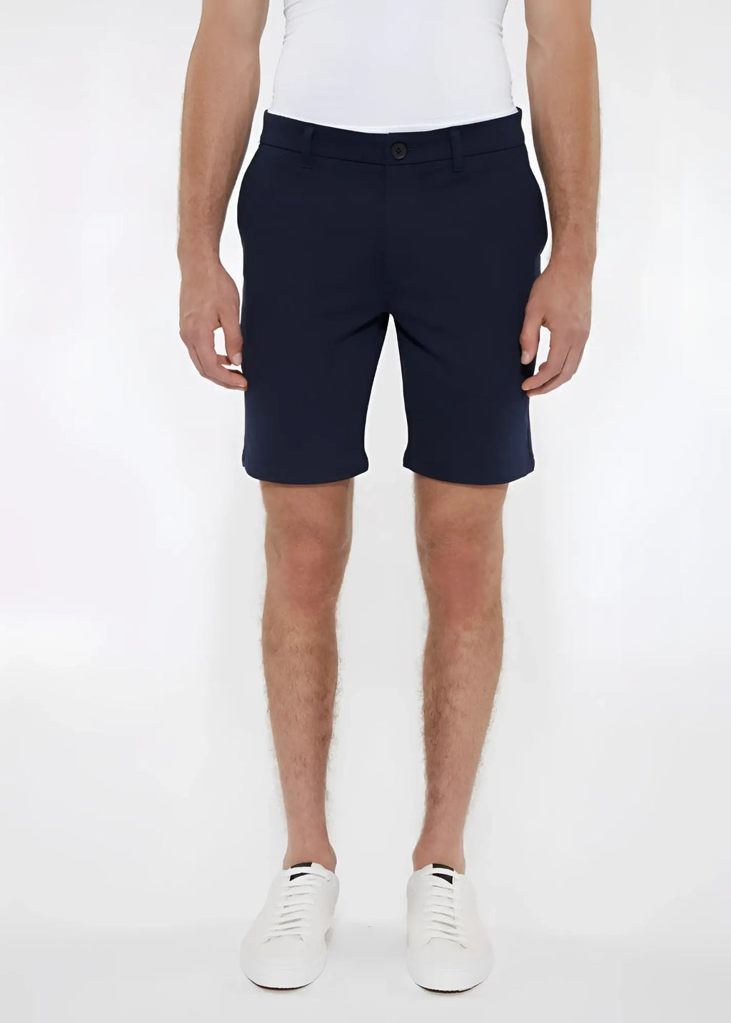 Navy blue solid stretch knit shorts with classic fit and button closure made from stretch fabric for comfort