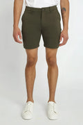 Olive green solid stretch knit chino shorts with classic fit and button closure