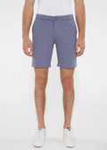 A pair of men’s solid light blue stretch knit tailored shorts with belt loops and single button closure