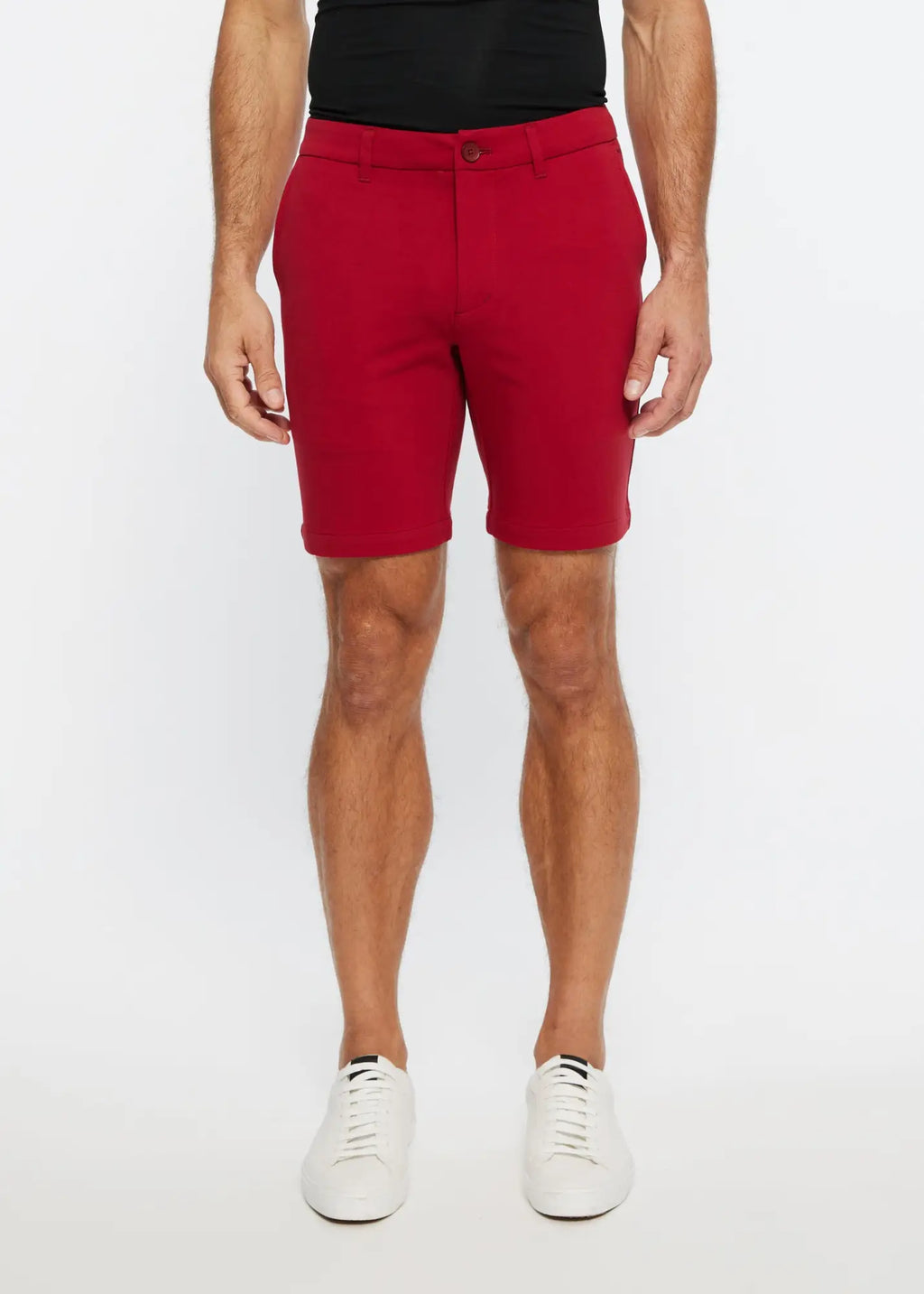 Red men’s solid stretch knit chino shorts with tailored fit and button closure ideal for casual wear