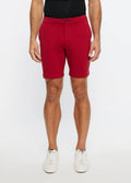 Red men’s solid stretch knit chino shorts with tailored fit and button closure ideal for casual wear