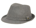 Gray solid wool fedora with a subtle textured weave and small brass button on the side in two colors available